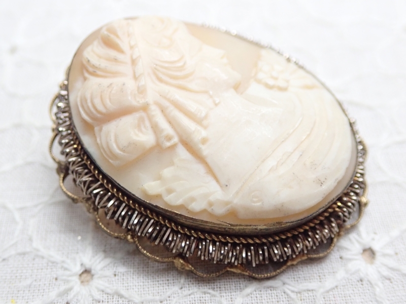 L092　ヴィンテージ　ブローチ　シェルカメオ　女性像　彫刻　Cameo　Brooch_画像3