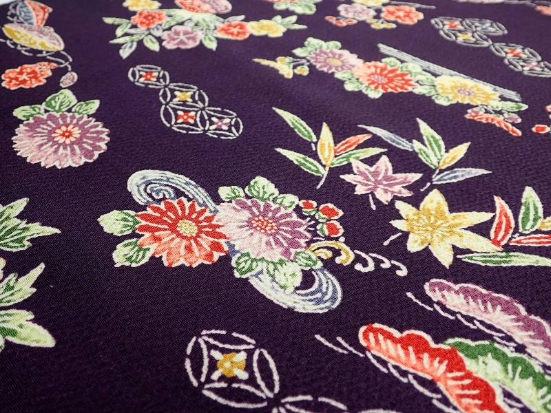 E290 ткань / ткань . после крепдешин .. цветок узор металлический темно-синий земля натуральный шелк мелкий рисунок / японский костюм кимоно / переделка Japanese Kimono