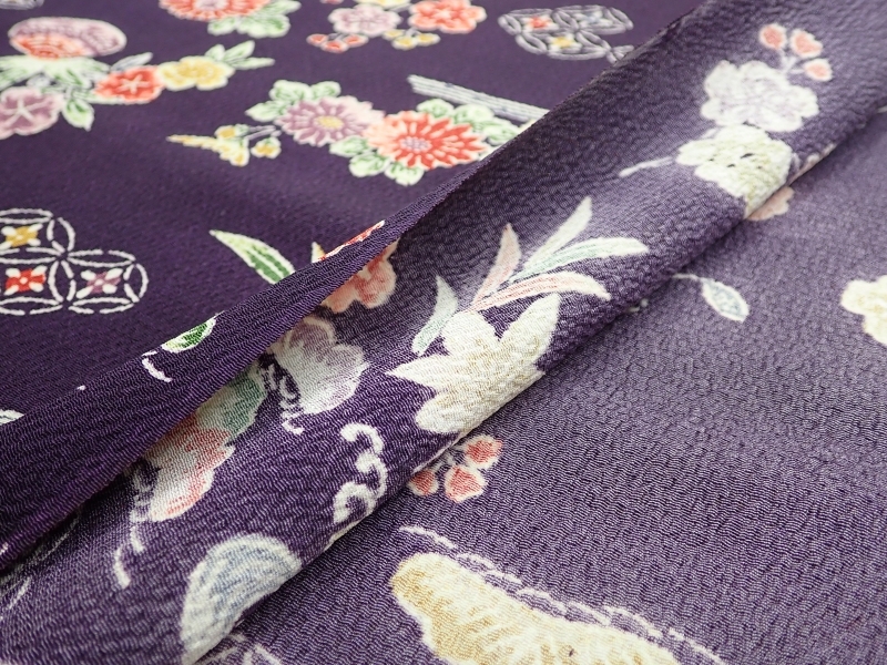 E290 ткань / ткань . после крепдешин .. цветок узор металлический темно-синий земля натуральный шелк мелкий рисунок / японский костюм кимоно / переделка Japanese Kimono