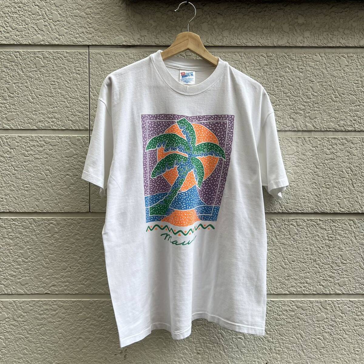 90s USA製 白 プリントTシャツ 半袖Tシャツ ヤシの木 サーフ Hanes ヘインズ ビーフィー アメリカ製 古着 vintage ヴィンテージ Lサイズ_画像2