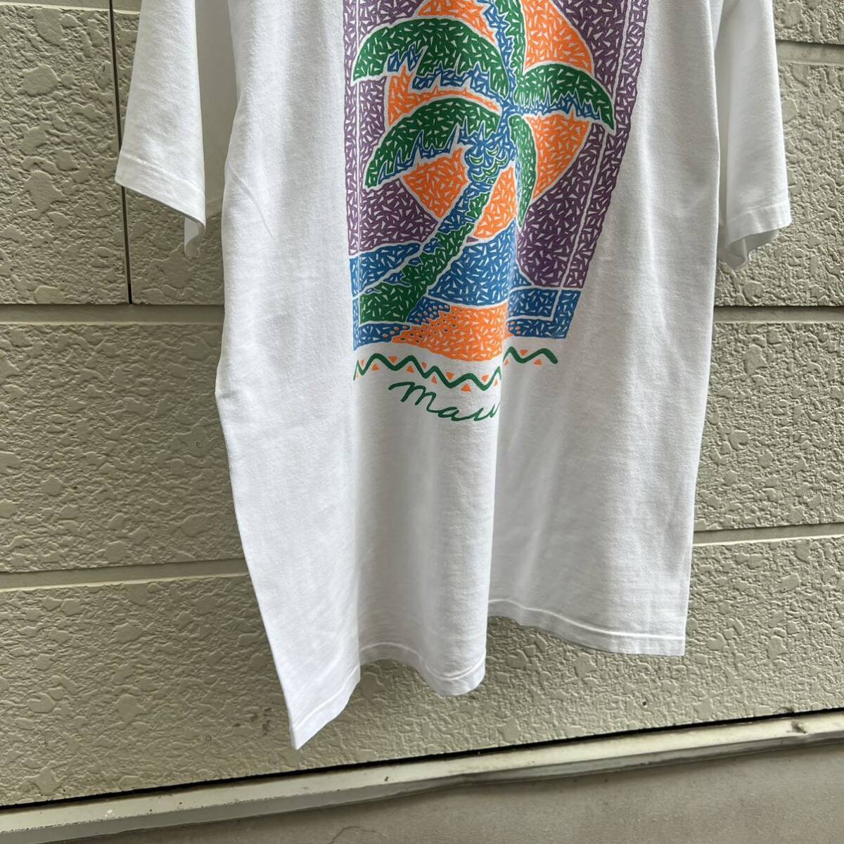 90s USA製 白 プリントTシャツ 半袖Tシャツ ヤシの木 サーフ Hanes ヘインズ ビーフィー アメリカ製 古着 vintage ヴィンテージ Lサイズ_画像6