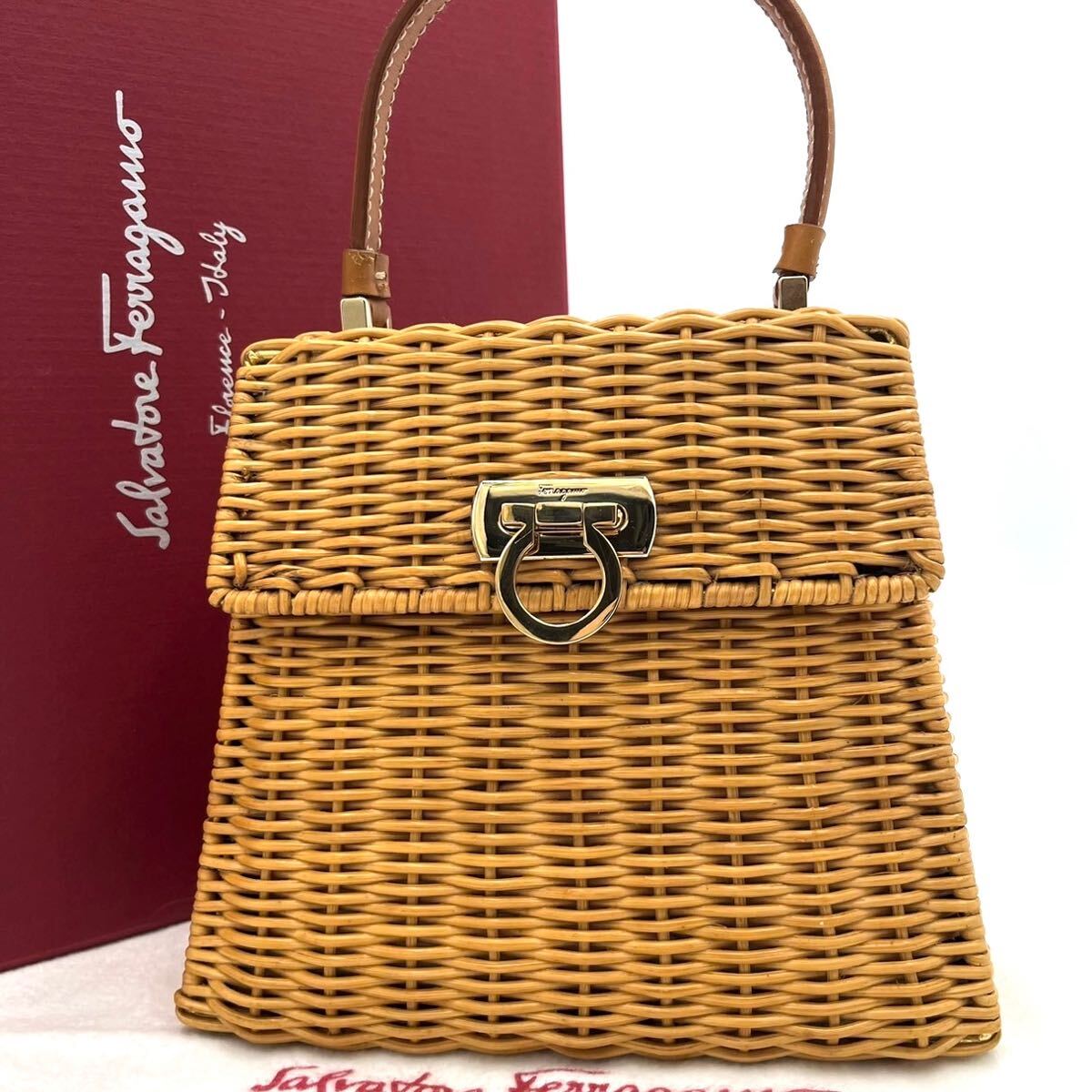 1円/極美品/激レア● Salvatore Ferragamo フェラガモ ハンドバッグ かごバッグ 籠 カゴ ラタン ストロー ガンチーニ 金具