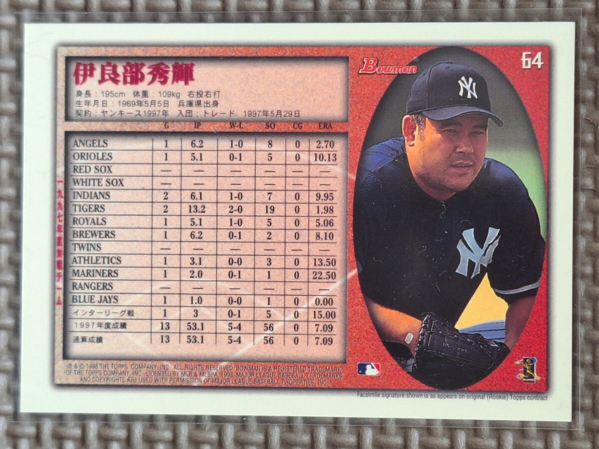 1998 Bowman International #64 HIDEKI IRABU New York Yankees Chiba Lotte Marines_画像2