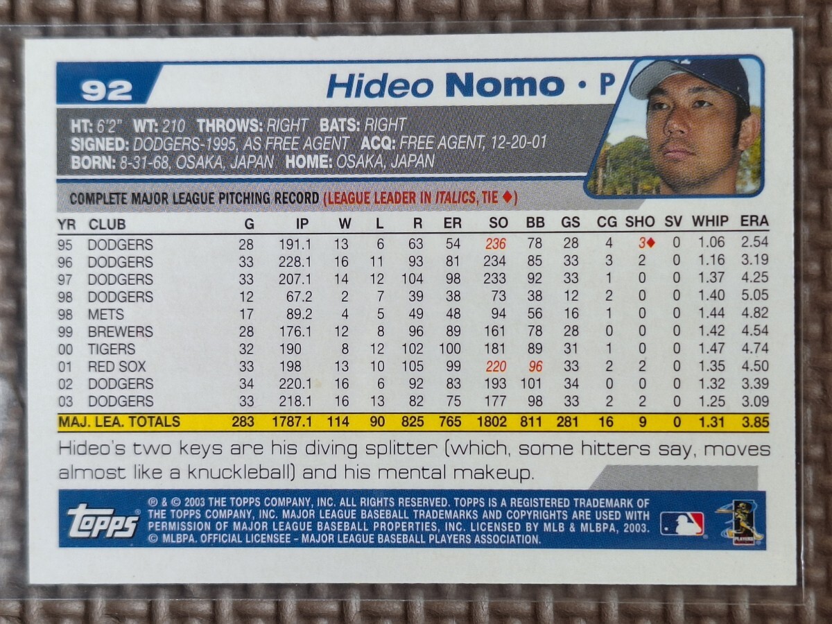 2004 Topps #92 HIDEO NOMO Los Angeles Dodgers Kintetsu Buffaloesの画像2