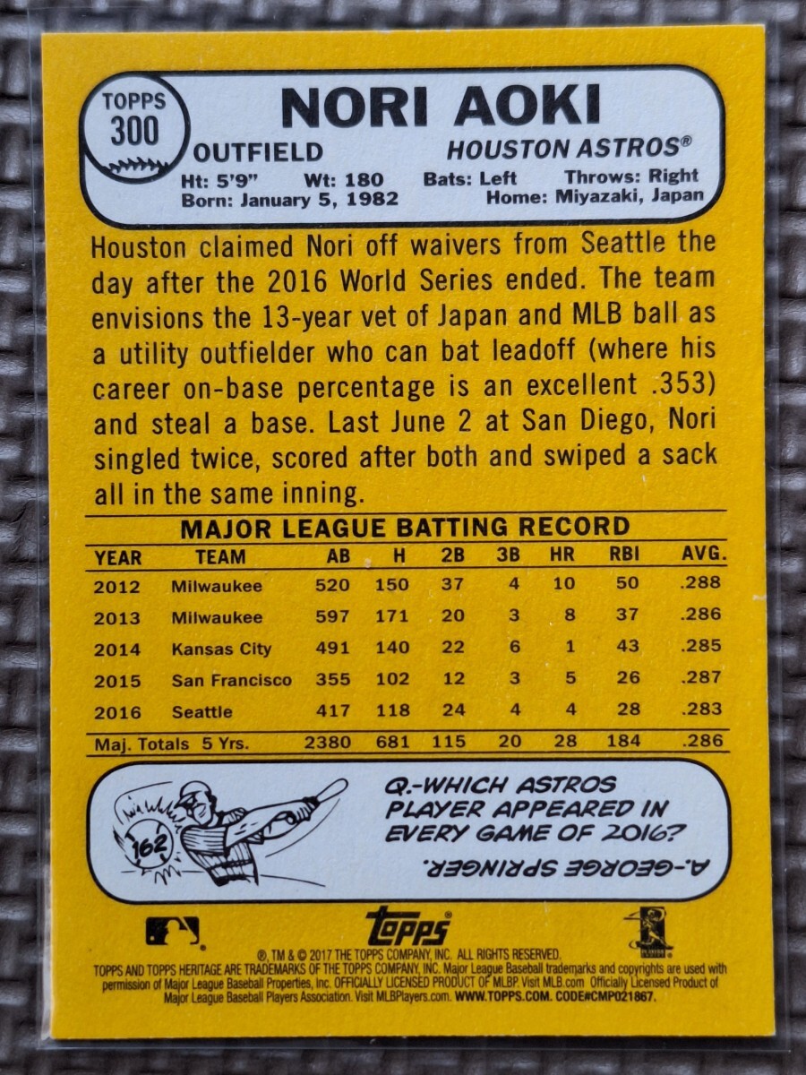 2017 Topps Heritage #300 NORICHIKA AOKI Houston Astros Milwaukee Brewers Yakult Swallowsの画像2