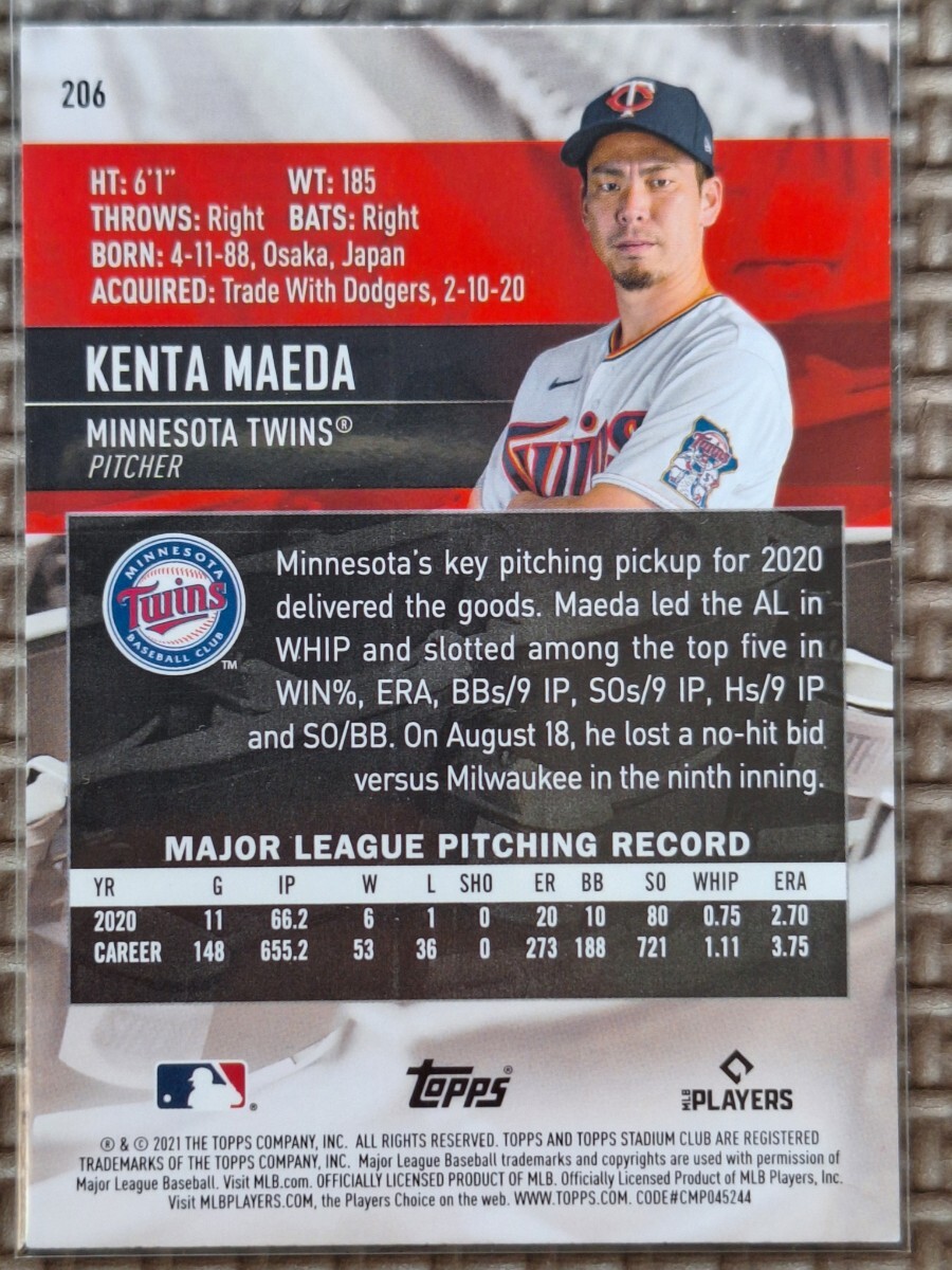 2021 Topps Stadium Club #206 KENTA MAEDA Minnesota Twins Los Angeles Dodgers Hiroshima Toyo Carpの画像2