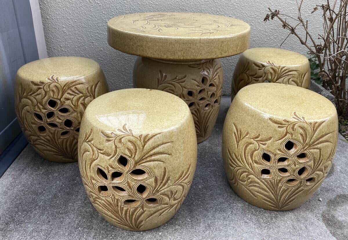 陶器製ガーデンテーブル イス 庭 庭園 昭和レトロ 神戸市北区引取り限定_画像1