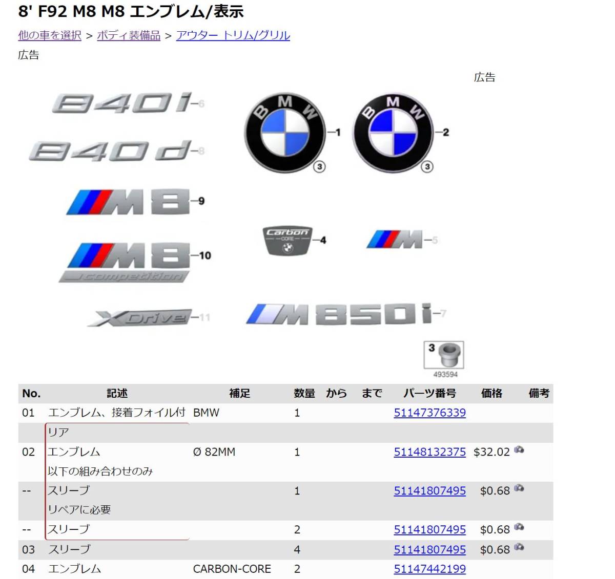BMW ETK parts list Japanese correspondence E46 F46 E90 E91 E92 E93 F30 G20 G21 F80 F32 F33 F82 F83 F36 M3 M4