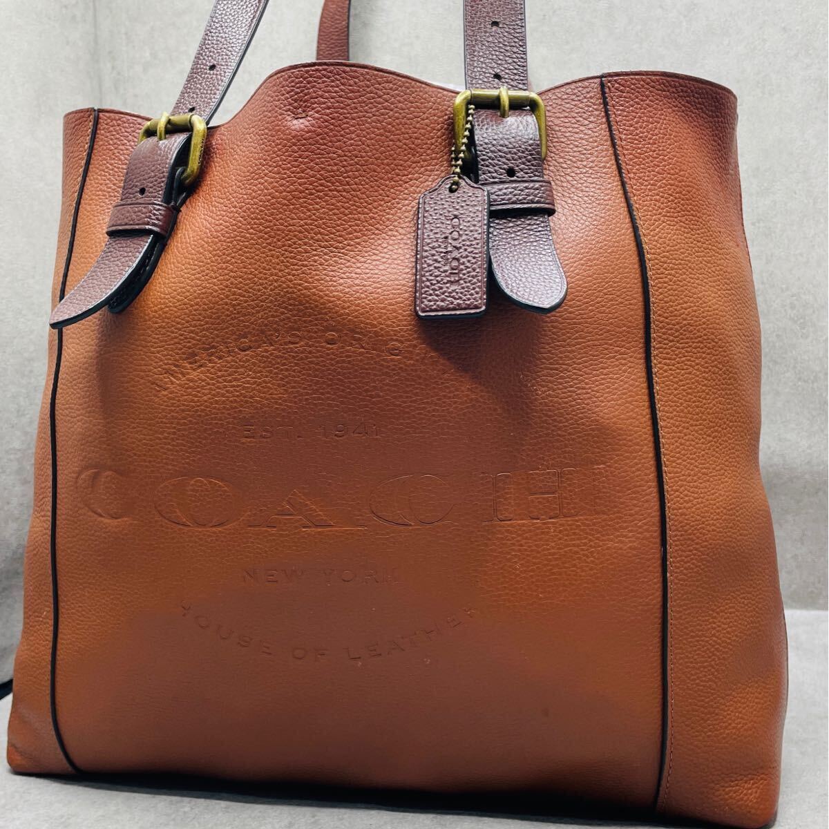 美品/A4可●COACH コーチ メンズ ビジネス ハドソン トートバッグ ハンド 大容量 レザー ロゴ型押し ブラウン 肩掛け シボ革 ショルダー の画像1