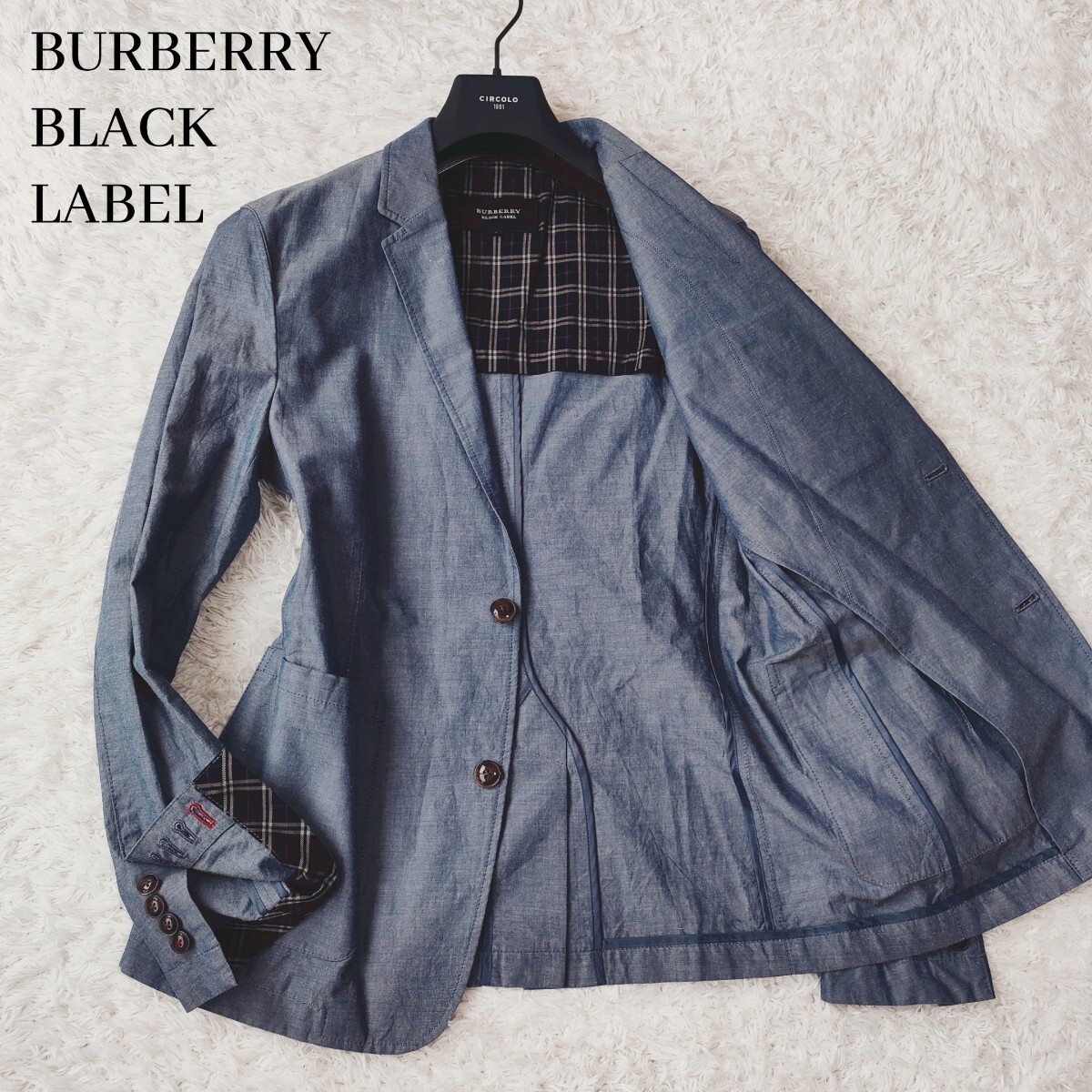 BURBERRY BLACK LABEL バーバリー ブラック レーベル テーラードジャケット ノバチェック ロゴボタン 本切羽 センターベント 背抜き L 青の画像1