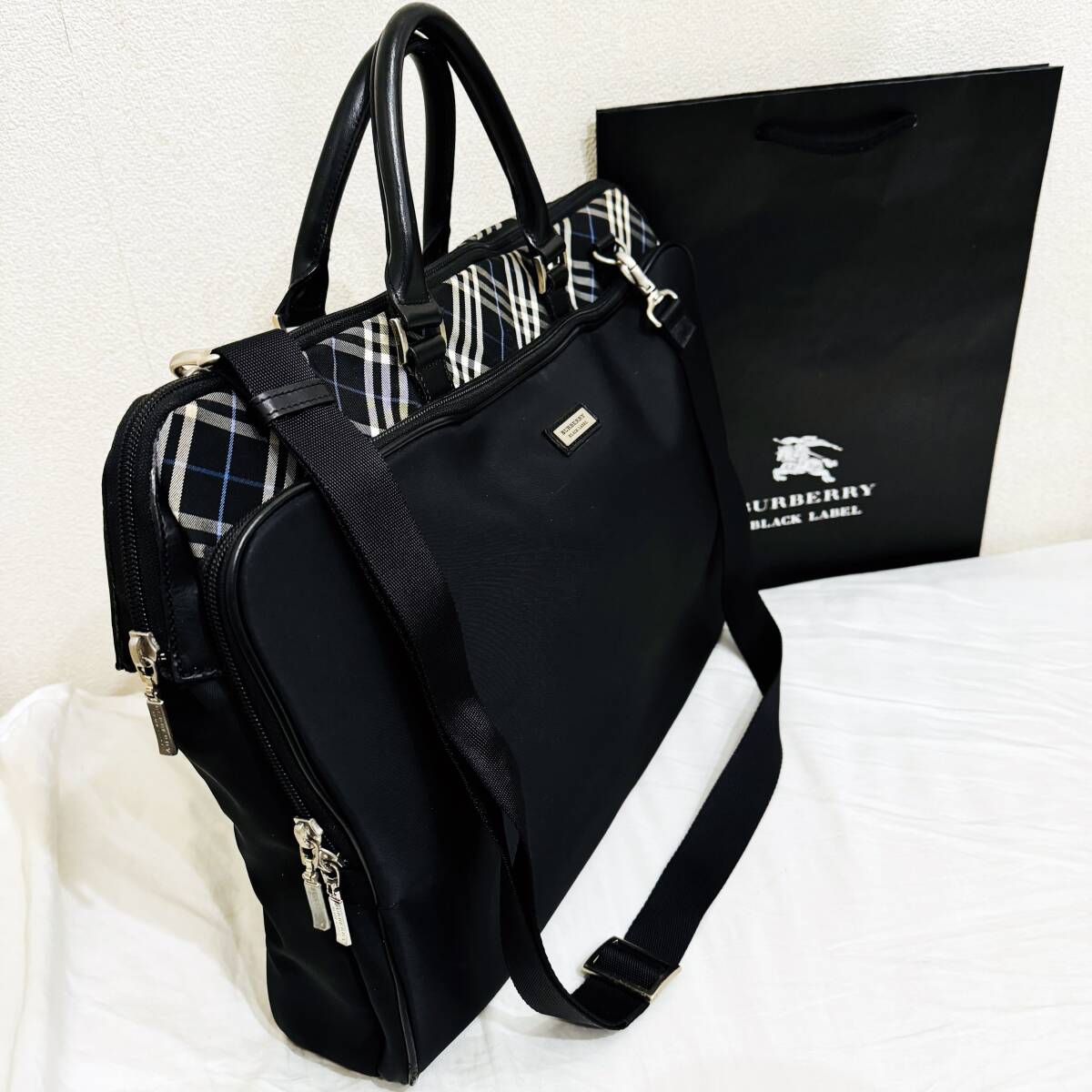 美品 レア BURBERRY BLACK LABEL バーバリーブラックレーベル 2WAYソフトブリーフケース ビジネスバッグ ノバチェック 黒 #2696_画像1