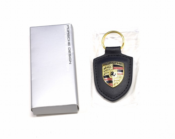 PORSCHE（ポルシェ）純正 ディーラー オリジナル クレスト キーホルダー キーリング レザー 黒 エンブレム マーク 911 マカン ケイマンの画像1
