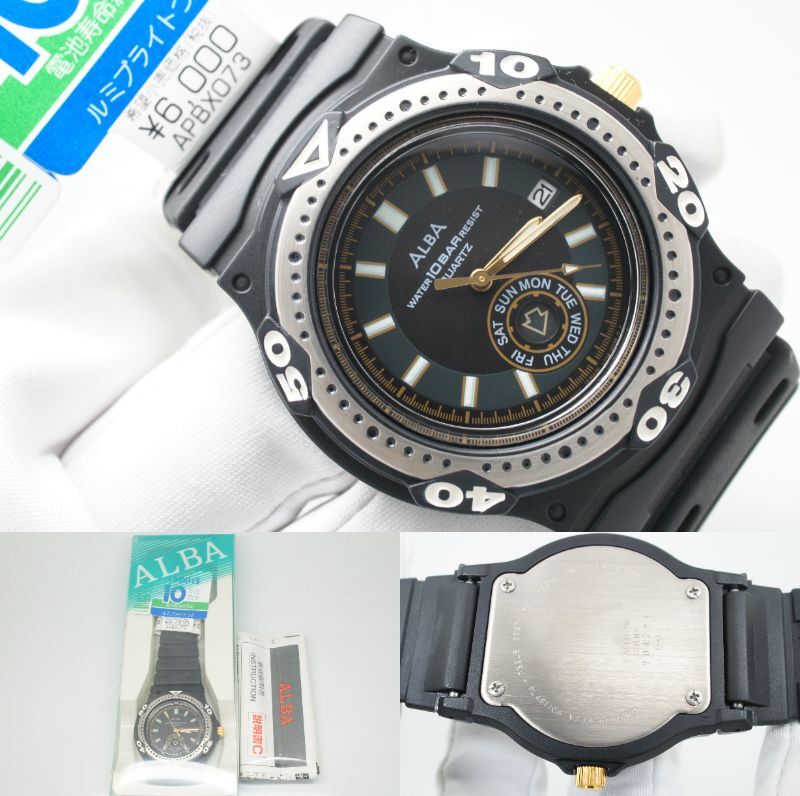 C96* operation excellent box attaching unused dead stock SEIKO Seiko ALBA Alba SPORTS V733-6C10 Date men's wristwatch black black stylish quartz 