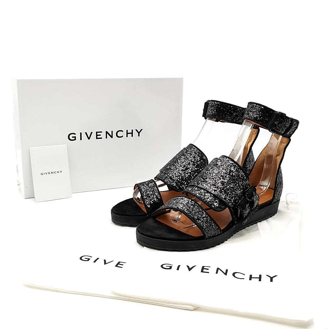 送料無料 ジバンシィ GIVENCHY サンダル アンクルストラップ グリッター 伊製 38 24.5cm相当 黒系 レディース_画像1