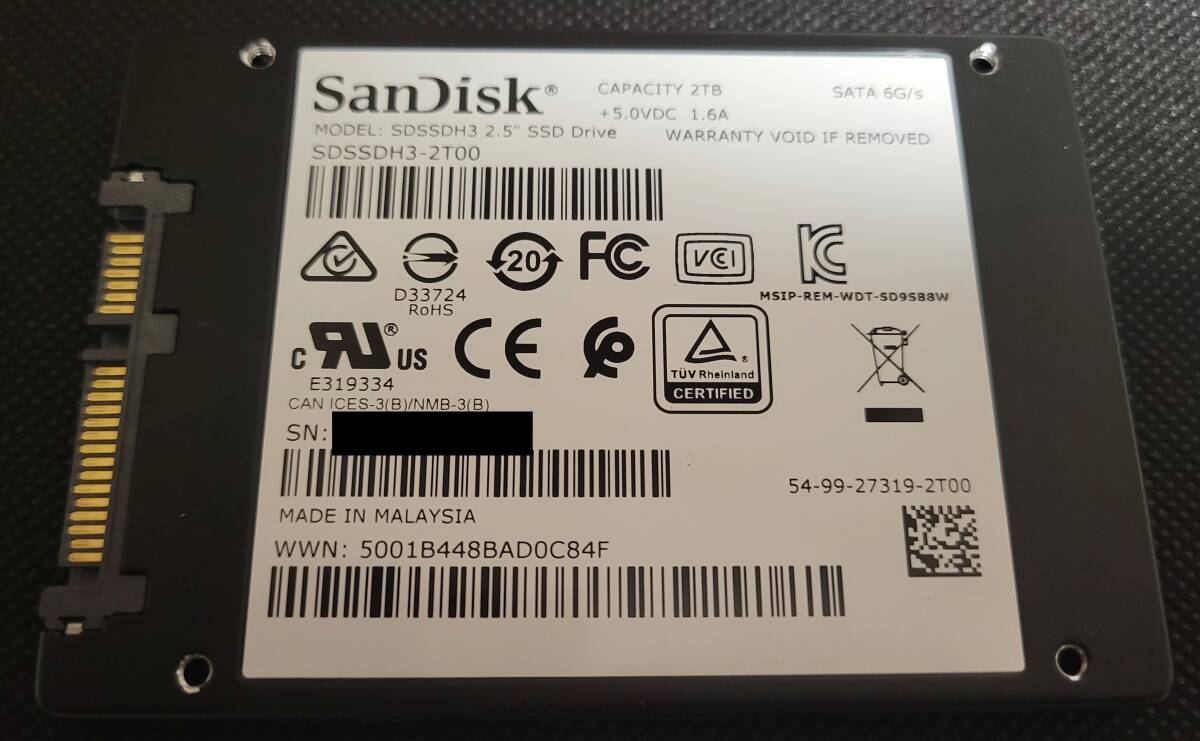 SanDisk Ultra 3D SDSSDH3-2T00-J25 2TB　中古 99%　SATA_画像3