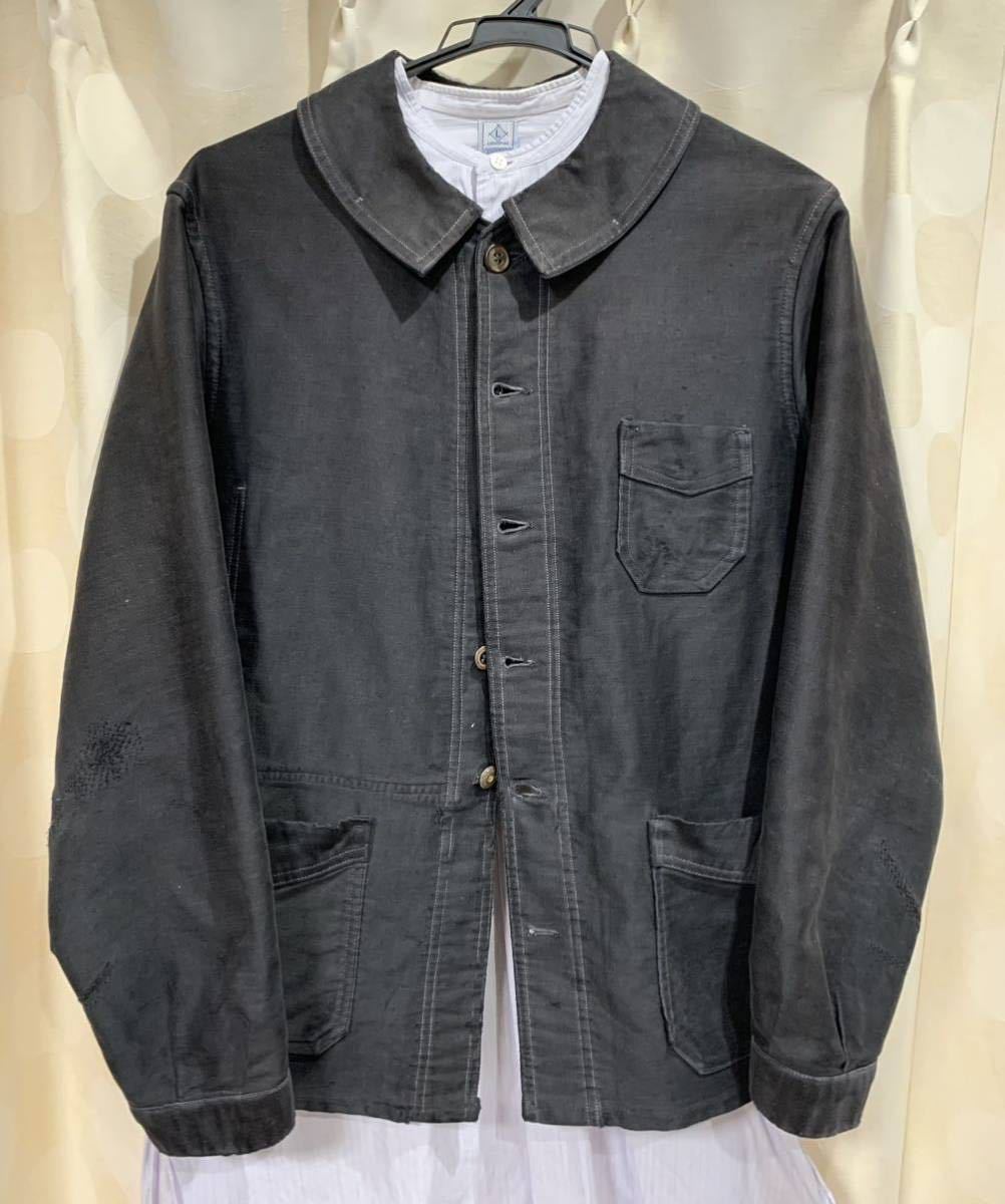 30s 40s French vintage black moleskin work jacket light weight 6buttons ブラックモールスキン ジャケット 6ボタン Vポケ 丸襟