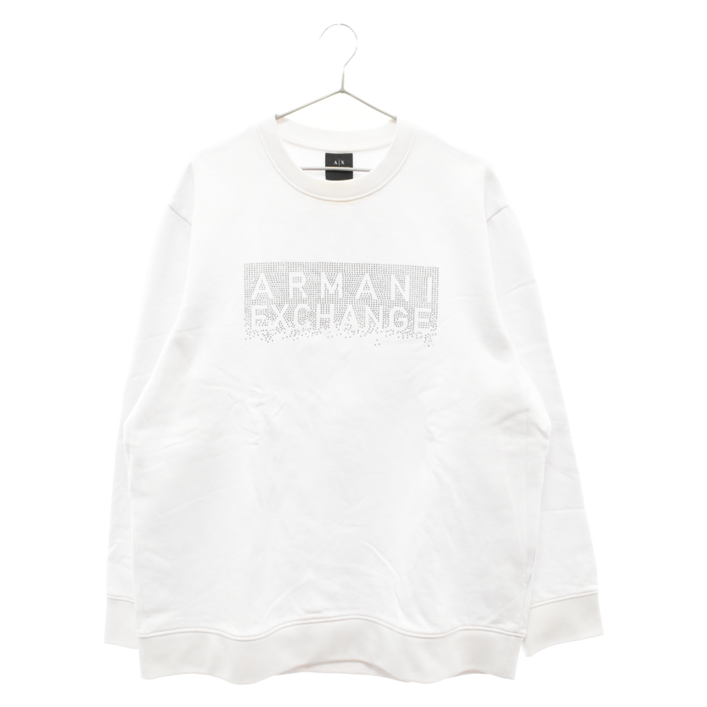 AX ARMANI EXCHANGE アルマーニ エクスチェンジ スパンコール フロントロゴ クルーネックスウェットシャツ トレーナー 6GZMBQ ホワイト