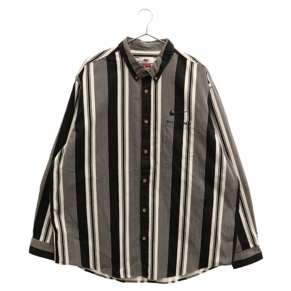 NIKE ナイキ 21SS × Supreme Cotton Twill Shirt シュプリーム コットン ツイル ロゴ刺繍 ストライプ 長袖シャツ ブラック DB0499-010
