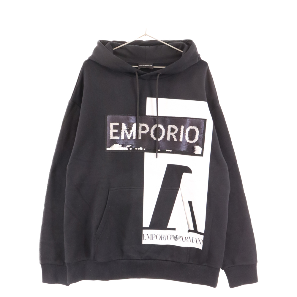 EMPORIO ARMANI エンポリオアルマーニ スパンコール フロントデザイン フーディープルオーバーパーカー 3H1M6R 1JH6Z ブラック