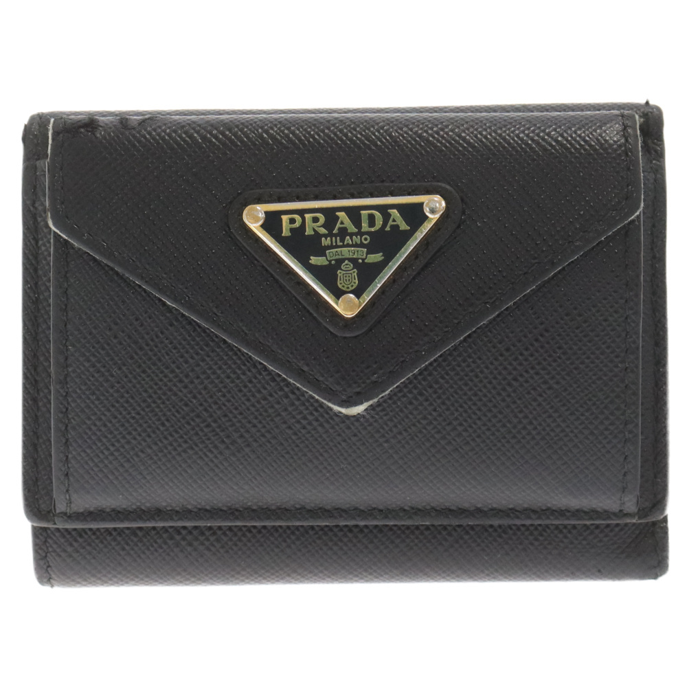 PRADA プラダ サフィアーノトライアングルロゴプレート コンパクトウォレット 三つ折り財布 ブラック 1MH021 QHH F0002_画像1