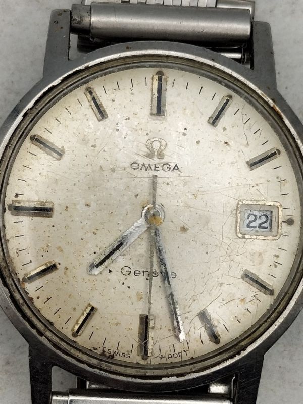 B61 1円~ ※訳あり※ 不動品 オメガ OMEGA ジュネーブ GENEVE 手巻き 腕時計 3針 デイト シルバーカラー アンティーク ヴィンテージ メンズ_画像6