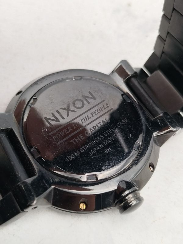 C35 1円~ 稼働品 ニクソン NIXON キャピタル THE CAPITAL POWER TO THE PEOPLE クオーツ 腕時計 3針 ステンレス ブラック×ホワイト メンズ_画像8
