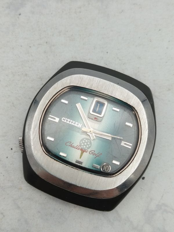 C66 1円～ 稼働品※難あり CITIZEN シチズン チャレンジゴルフ 7760-770901K 自動巻き デイト 腕時計 青系文字盤 メンズ 本体のみ_画像1