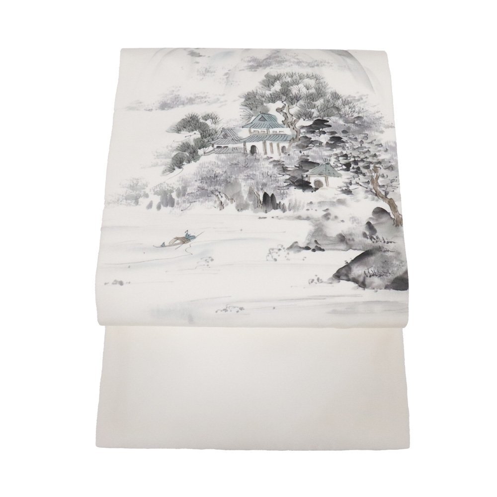  salt . Nagoya obi silk eggshell white water ink picture hand .. landscape .L size N2156 new goods .....nagoyaobi lady's silk gift postage included 