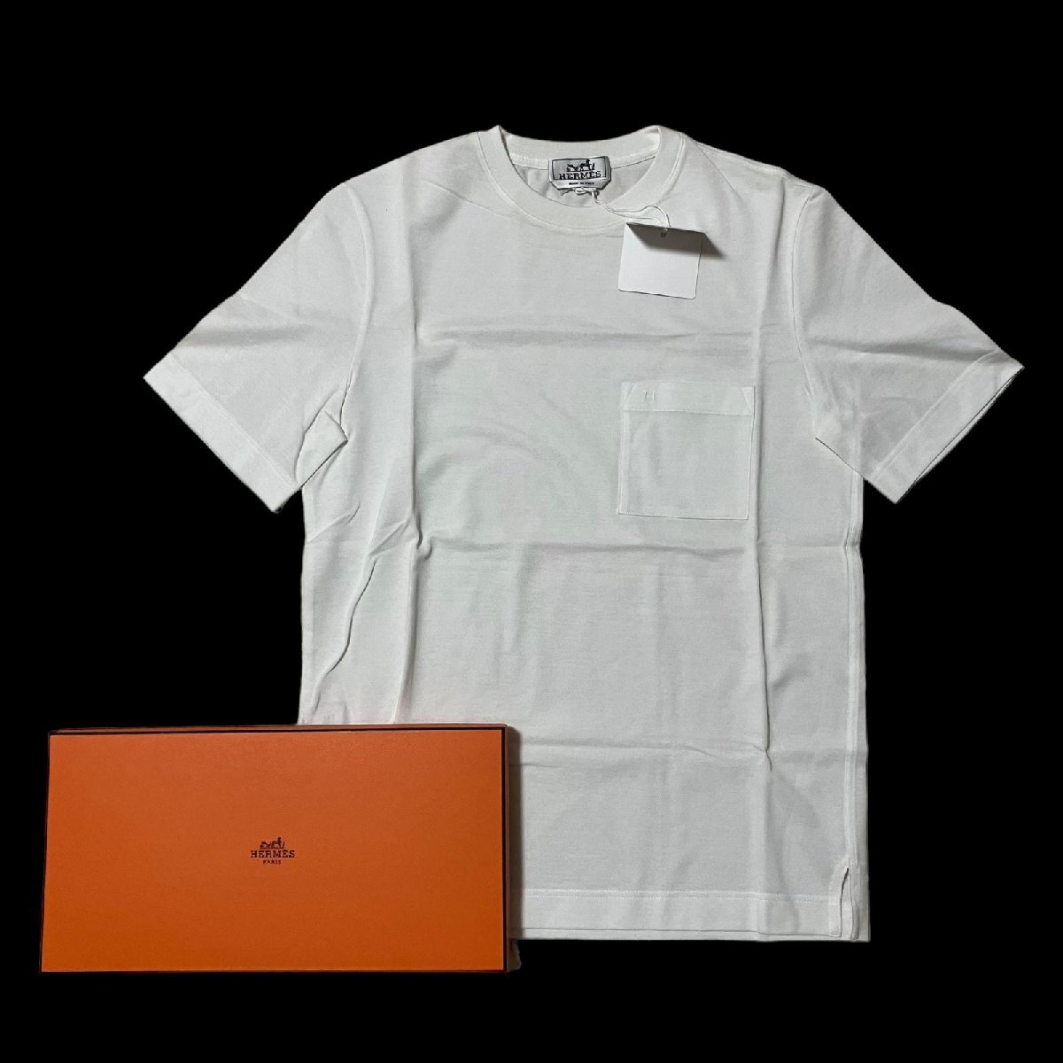 新品 未使用 タグ付き HERMES エルメス 鹿の子 半袖 Ｔシャツ Hロゴ 刺繍 白系 コットン100％ レディース XS 保存箱付き_画像1