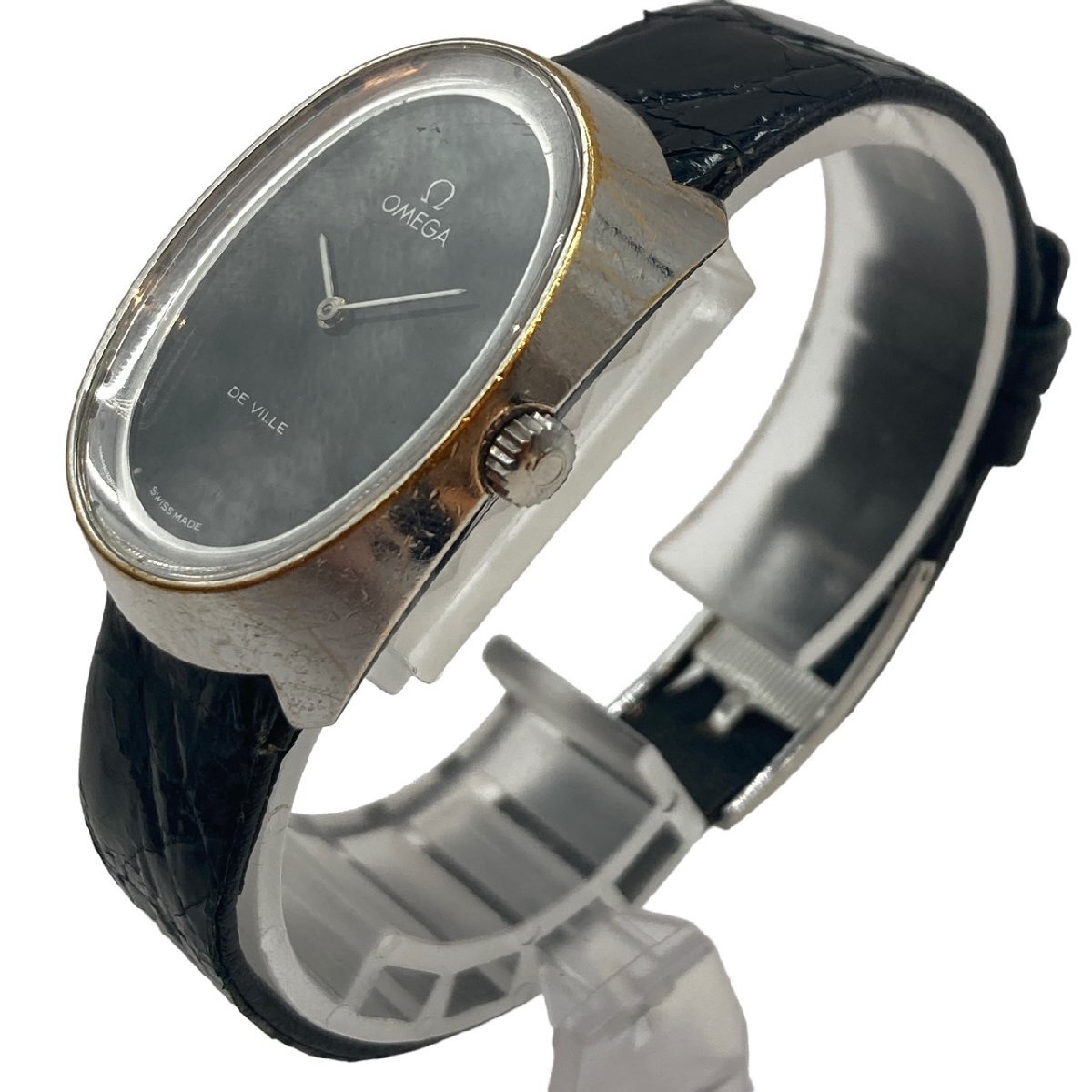 OMEGA オメガ デビル レディース腕時計 クォーツ 黒文字盤 シルバーカラー SS×革ベルト 社外製ベルト_画像2