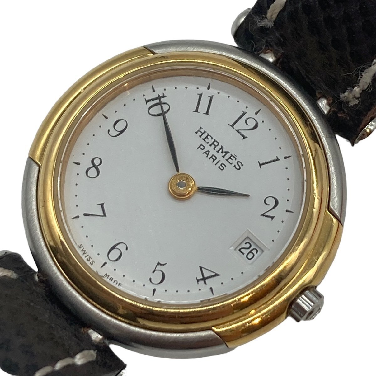 1円 エルメス ウィンザー QZ 白文字盤 社外ベルト デイト 腕時計の画像1