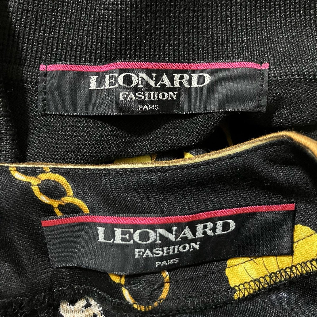 美品 LEONARD レオナール アンサンブル 襟付き 長袖カーディガン 半袖トップス 肩パット 花柄 コットン 黒系 レディース M_画像3