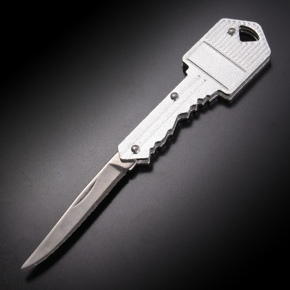キーホルダーナイフ 鍵型 スチール [ シルバー ] カギ型 折りたたみナイフ 折り畳みナイフ キーナイフ ミリタリーの画像1
