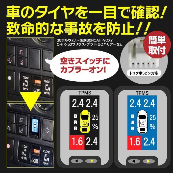 【送料無料】センサー取付不要 液晶モニター型 タイヤ空気圧監視システム トヨタ車用5ピン【一式】80系 85系 ノア ヴォクシー エスクァイア_画像1