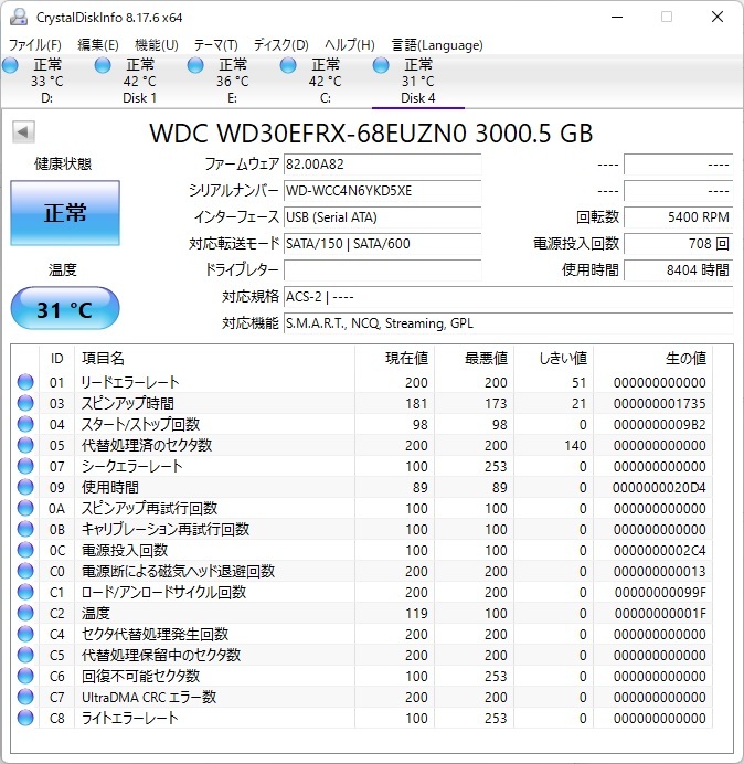 ☆USED☆ WD RED WD30EFRX - 68EUZN0 3TB (使用時間 8404h) 5400rpm 2018年製 3.5インチ 内蔵HDD Western Digital RED SATA 【送料無料】_画像3