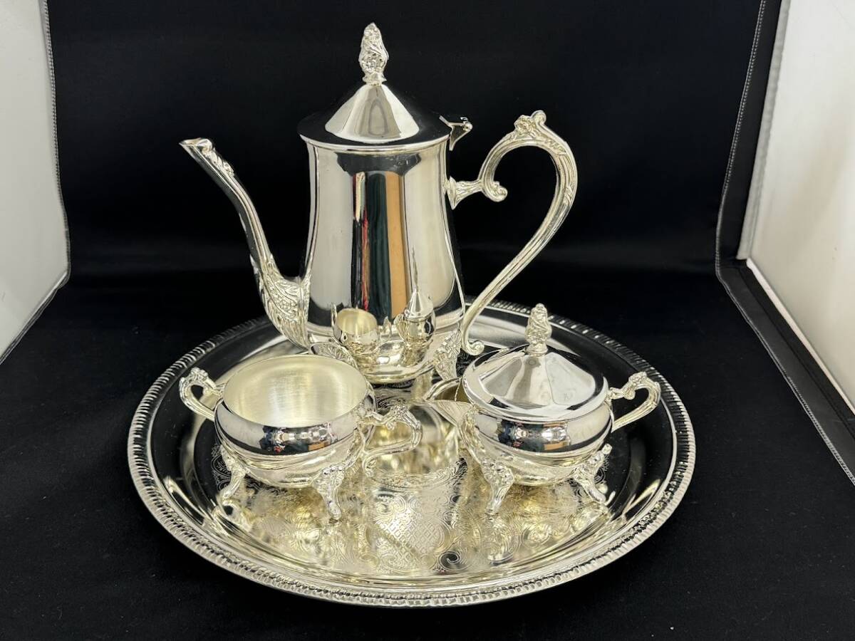 未使用 保管品 Silver Plated Tea Set ティーポット シュガーポット ミルクポット トレイ 洋食器 セットの画像1