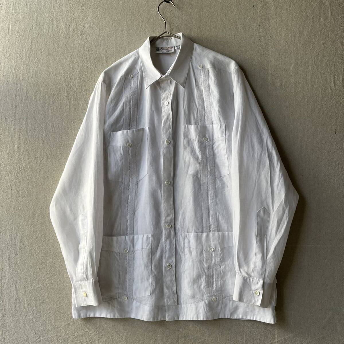 【100%リネン】メキシコ製 Vintage キューバ シャツ / L ホワイト ボックス 長袖 ビンテージ USA T4-03047-1320の画像1