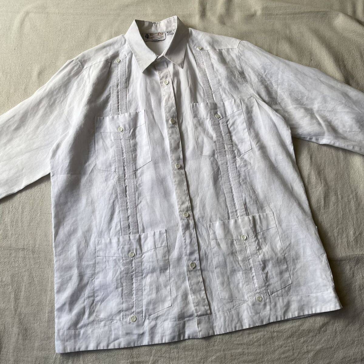 【100%リネン】メキシコ製 Vintage キューバ シャツ / L ホワイト ボックス 長袖 ビンテージ USA T4-03047-1320の画像3