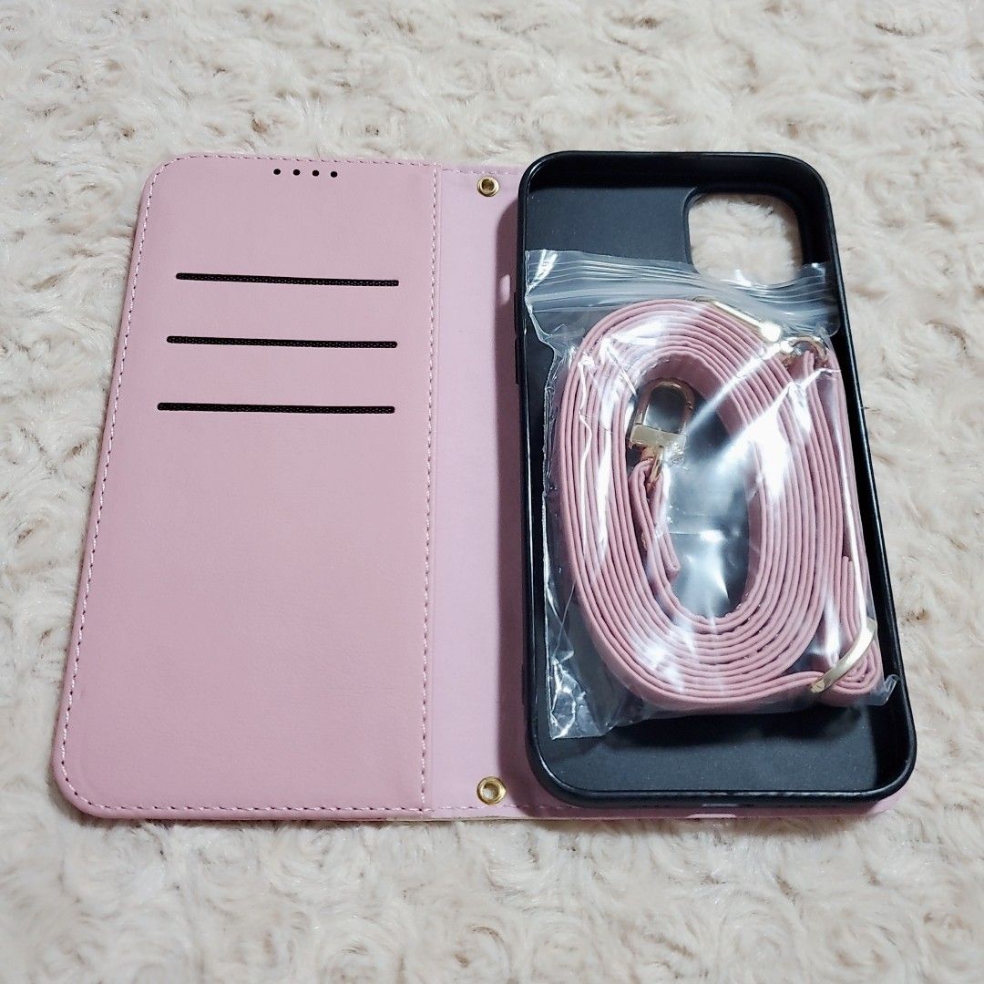 iPhone 14 plus MAX  手帳型ケース ストラップ付き 財布型 ピンク ホワイト