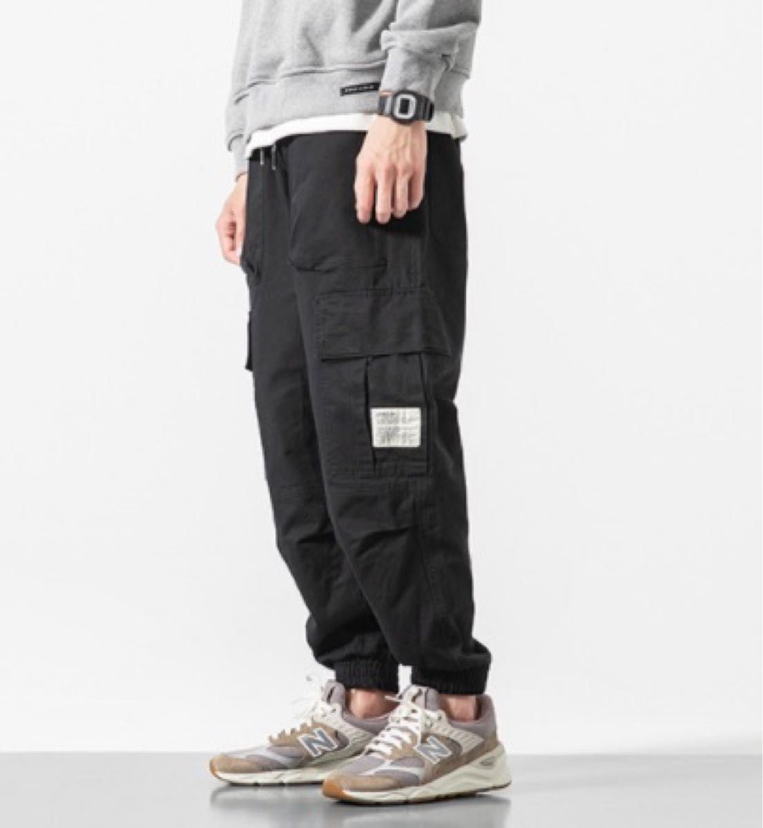 XL シンプル メンズ カーゴパンツ 黒 ジョガーパンツ 韓国風 ストリート　 ブラック テーパードパンツ
