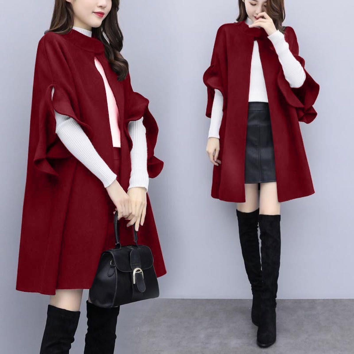 大人気 ポンチョコート きれいめ 韓国ファッション L 赤 紅 レッド 黒 ブラック アウター