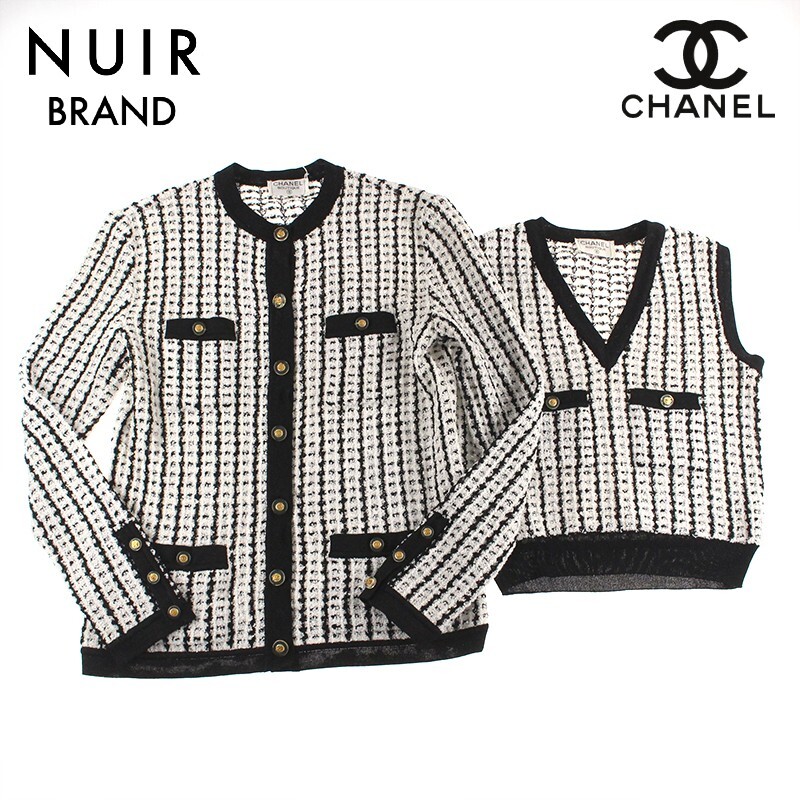 [ first arrival 50 name limitation coupon . distribution middle!!] Chanel CHANEL ensemble here button knitted no sleeve cardigan white × black 