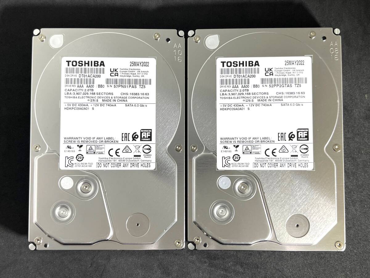 【送料無料】2個セット ★ 2TB ★　DT01ACA200　/　TOSHIBA　【使用時間： 16 ｈ＆ 16 ｈ】 2022年製　新品同様　3.5インチ内蔵HDD SATA600
