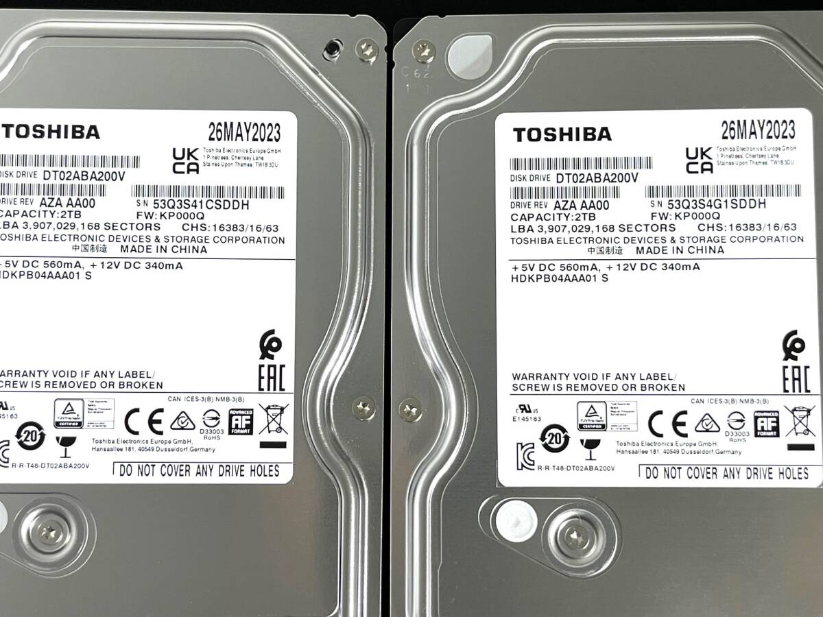 【送料無料】 2個セット ★ 2TB ★　DT02ABA200V　/　TOSHIBA【使用時間： 4ｈ＆ 4ｈ】2023年製 新品同様 3.5インチ AVコマンド ほぼ未使用_画像4