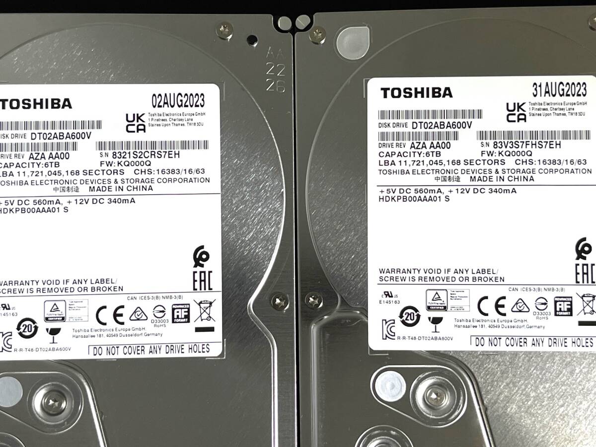 【送料無料】 　2個セット　★ 6TB ★　TOSHIBA　/　DT02ABA600V　【使用時間：34 ｈ＆29 ｈ】2023年製　新品同様 3.5インチ内蔵HDD SATA_画像4