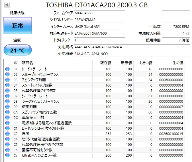 【送料無料】　★ 2TB ★　TOSHIBA / DT01ACA200　【使用時間： 7 ｈ】　新品同様　3.5インチ 内蔵 HDD　SATA600/7200rpm_画像2