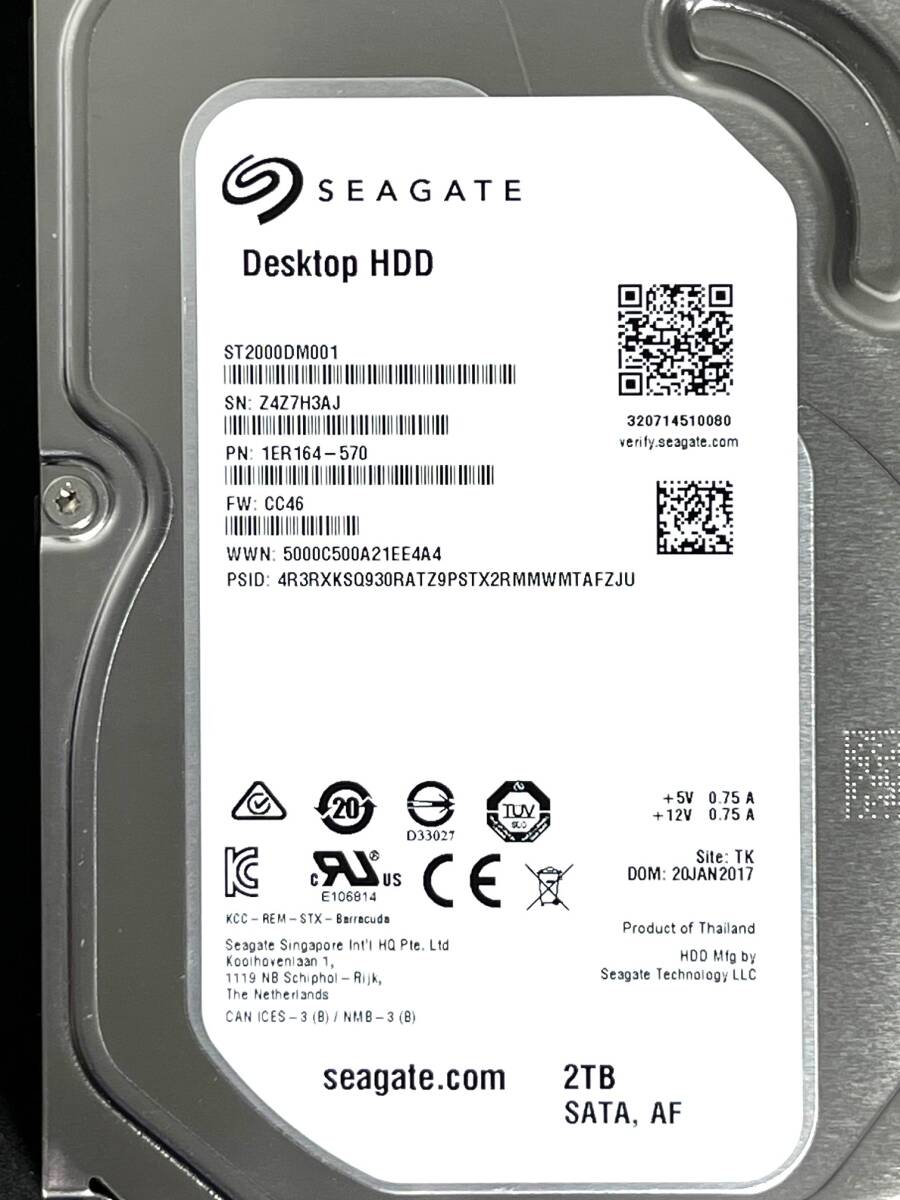 【送料無料】 ★ 2TB ★　ST2000DM001　/　Seagate　【 使用時間：7 ｈ 】稼働極少 3.5インチ内蔵HDD SATA　ST2000DM001-1ER164　FW: CC46