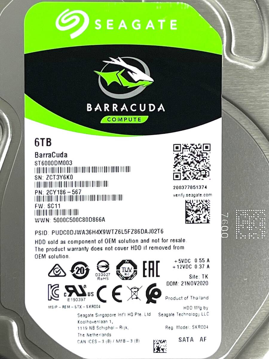 【送料無料】 ★ 6TB ★　ST6000DM003　/　Seagate BarraCuda 【 使用時間： 12 ｈ 】 2020年製　新品同様　3.5インチ 内蔵HDD　SATA600_画像3