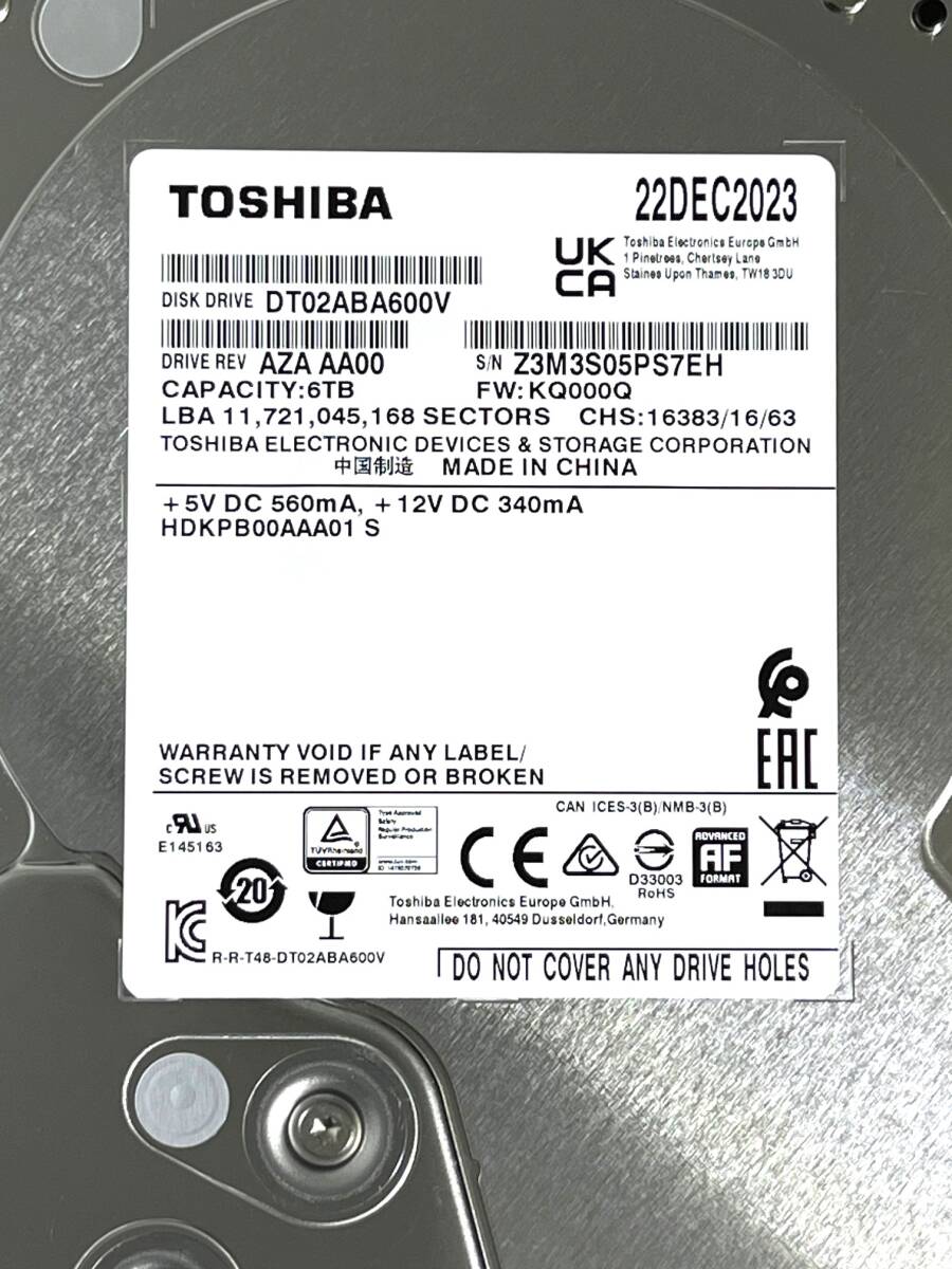 【送料無料】　★ 6TB ★　TOSHIBA / DT02ABA600V　【使用時間：0ｈ】　2023年製　新品 未使用　3.5インチ内蔵HDD　SATA　AVコマンド対応　_画像3