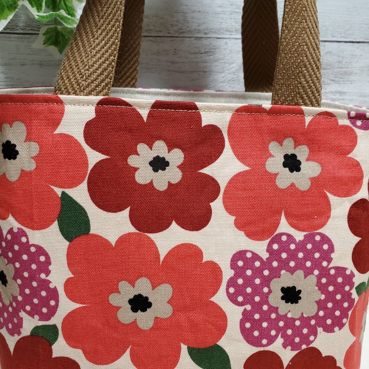 ミニトートバッグ『ピンクと赤の大きな花柄×デニム』